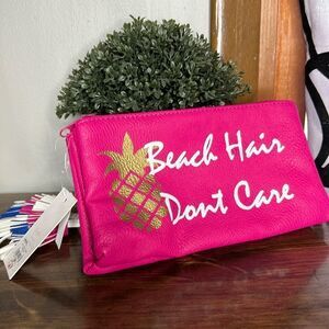 Beach Hair Don't Care 2 Pouch Cosmetic Bag Pink Pinnapple w/ Tassel